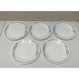Lot of 5 Corelle Rosemarie 6.75 Inch Dessert Bread Plates Tulip Green Pink VTG